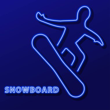 Snowboard neon levhası, modern parlayan pankart tasarımı, renkli modern tasarım eğilimi siyah arka planda. Vektör illüstrasyonu.