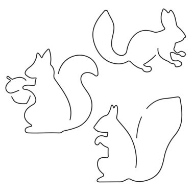 Beyaz arkaplanda siyah simgelerden oluşan bir sincap grubu. Vektör illu