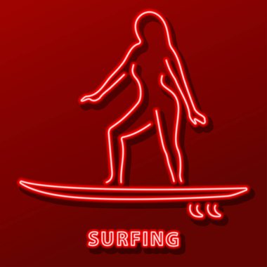 Sörf neon levhası, modern parlayan pankart tasarımı, renkli modern tasarım eğilimi siyah arka planda. Vektör illüstrasyonu.