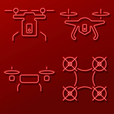 Neon simgelerinden oluşan dron grubu, siyah arkaplan üzerindeki vektör illüstrasyonu.