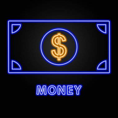 Dolar neon işareti, modern parlayan pankart tasarımı, renkli modern tasarım trendleri siyah arka planda. Vektör illüstrasyonu.