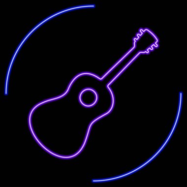 Gitar neon levhası, modern parlayan pankart tasarımı, renkli modern tasarım eğilimi. Vektör illüstrasyonu.