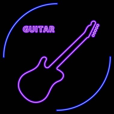 Gitar neon levhası, modern parlayan pankart tasarımı, renkli modern tasarım eğilimi. Vektör illüstrasyonu.