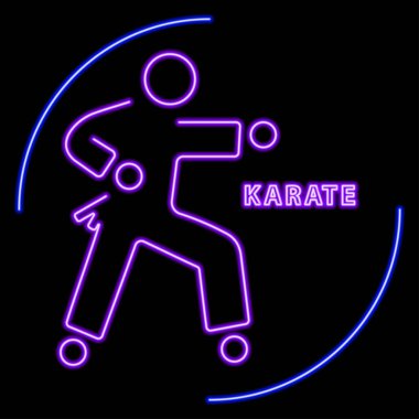 Karate neon işareti, modern parlayan pankart tasarımı, renkli modern tasarım trendi. Vektör illüstrasyonu.