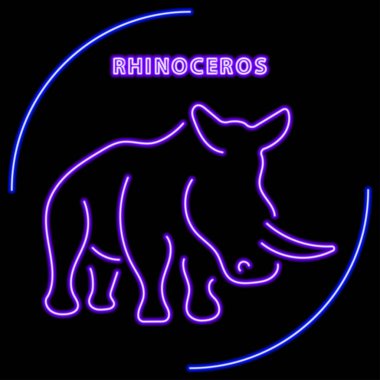 Gergedan neon işareti, modern parlayan pankart tasarımı, renkli modern tasarım trendi. Vektör illüstrasyonu.