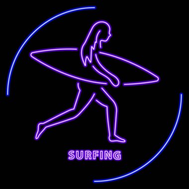 Sörf neon ışığı, modern parlayan pankart tasarımı, renkli modern tasarım trendi. Vektör illüstrasyonu.