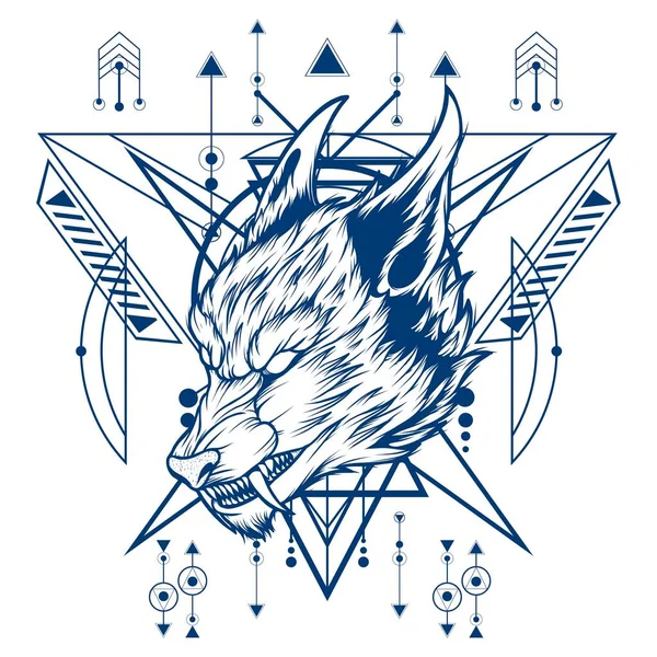 Mythical Wolf Illustration Black Outline Con Geometria Sacra Può Essere — Vettoriale Stock