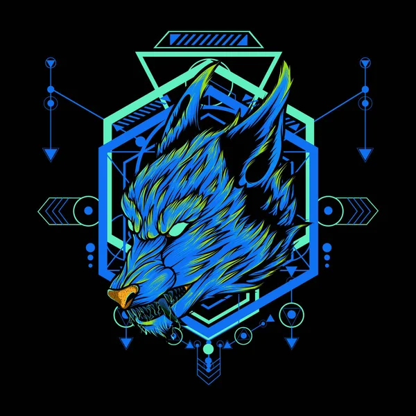 Wolf Illustration Neonfärg Med Helig Geometri Kan Användas För Din — Stock vektor