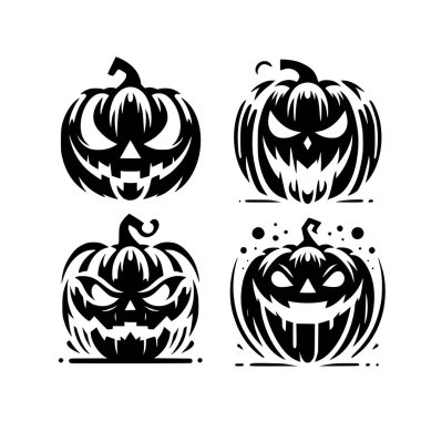 Eşsiz korkutucu yüzlere sahip dört tane etkileyici jack-o 'Lantern siluet vektör çizimi. Çeşitli Cadılar Bayramı tasarımları için mükemmel
