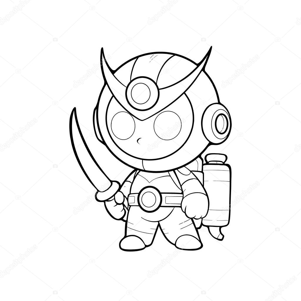 Cartoon chibi warrior robot in simple line art design, holding a sword with futuristic armor