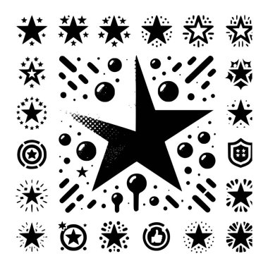 Siyah-beyaz vektör tarzında çok yönlü bir yıldız ikonu seti. Çoklu yıldız şekilleri, derecelendirme sembolleri ve logolar, rozetler, ödüller, başarı grafikleri veya dijital tasarım projeleri için mükemmel dekoratif elementleri içerir
