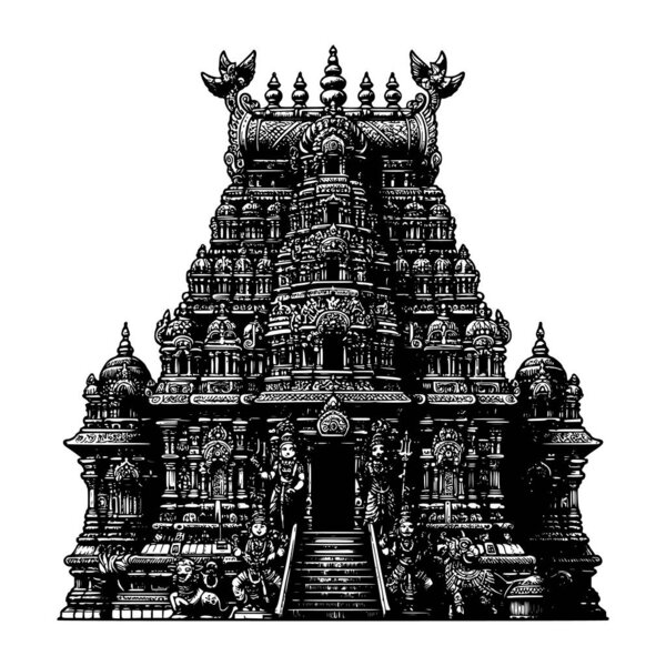 Highly detailed black and white vector illustration of a traditional Hindu temple with ornate carvings and cultural architecture. Ideal for use in design projects related to spirituality, Indian heritage, culture, and sacred art