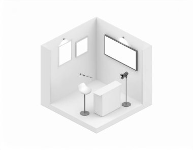 3 boyutlu, minimal, kompakt bir sergi ya da boş ekran, mikrofon, sandalye ve spot ışıklarıyla yayın stüdyosu. Beyaz arkaplanda izole