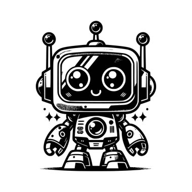 Mutlu, koca kafalı, antenli bir robotun sevimli siyah beyaz çizimi. Çocuk teknolojisi, uygulamalar ya da yapay zeka markalaşması için ideal.