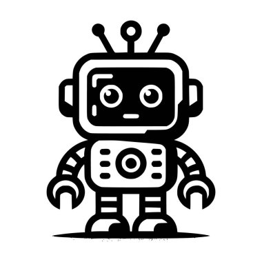 Çoklu antenleri olan basit, sevimli bir retro robotun güçlü siyah beyaz çizimi. Çocuk teknolojisi, uygulamalar ya da klasik bilim kurgu markaları için ideal.