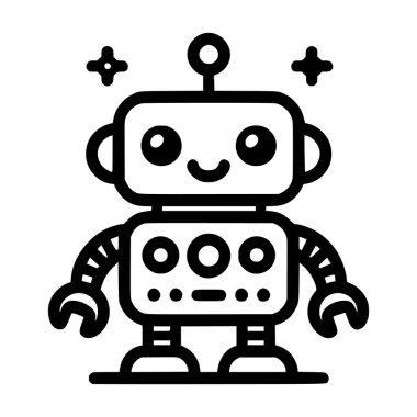 Büyük gözlü ve antenli dost canlısı bir robot karakterin basit siyah tasviri. Çocuk markaları, uygulamaları ya da teknoloji ikonları için harika.