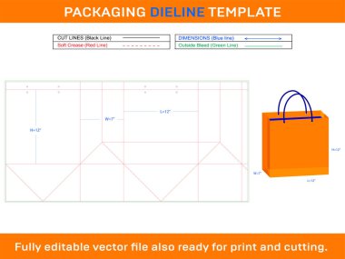 Kare Alışveriş Torbası 12x7x12 inç Dieline Şablonu