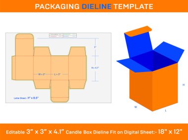 Candle 'ı Kutuyla Aç, Dieline Şablonu, 3x3x4.1 inç,