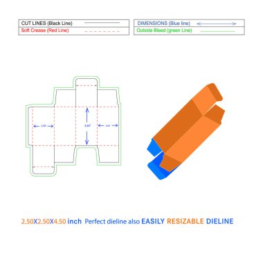 Özel RTE ters tuck ucu katlama kutusu (2. 50x2. 50x4. 50) inç kutu Dieline şablonu ve 3 boyutlu vektör dosyası