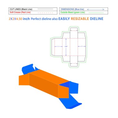Özel Düz Kenarlı Katlama Kutusu Paketi 2x2x4.50 inç Ölüm çizgisi şablonu ve 3B vektör tasarımı