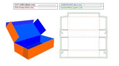 Standart Corrugated nakliye kutusu ve karton kutu, 3D render ve yeniden boyutlandırılabilir ve kullanılabilir Dieline tamplakası