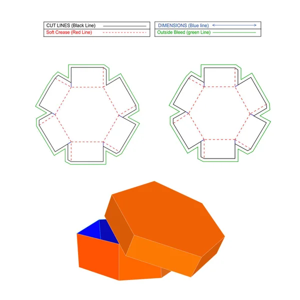Hexagon Box Dieline Template Und Render Editierbare Und Skalierbare Vektordatei — Stockvektor
