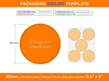 5pcs 90 mm CIRCLE labels sticker dieline template clipart