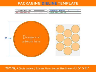 9pcs 71 mm CIRCLE labels sticker dieline template clipart