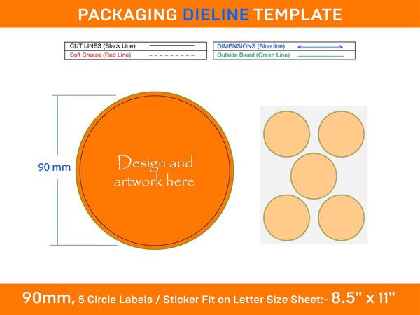 5pcs 90 mm CIRCLE labels sticker dieline template