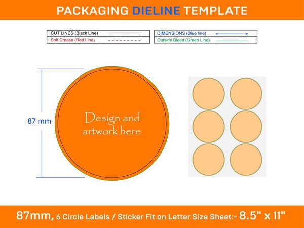 6pcs 87 mm CIRCLE labels sticker dieline template