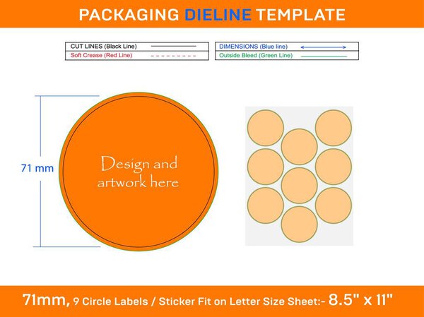 9pcs 71 mm CIRCLE labels sticker dieline template