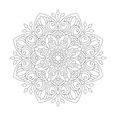 Renklendirme kitabı sayfası için doğrusal ve çiçek desenli stilize mandala