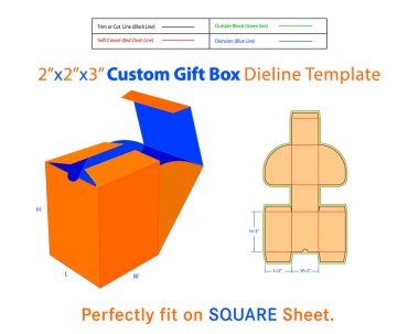 Özel Hediye Kutusu L 2, W 2, H 3 inç Dieline Şablonu