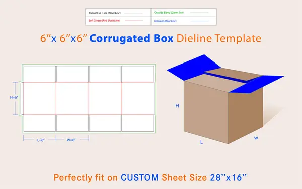 Oluklu Nakliye Kutusu 6x6x6 inç Dieline Şablonu