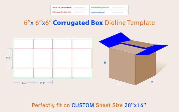Corrugated Shipping Box 6x6x6 inches Dieline Template