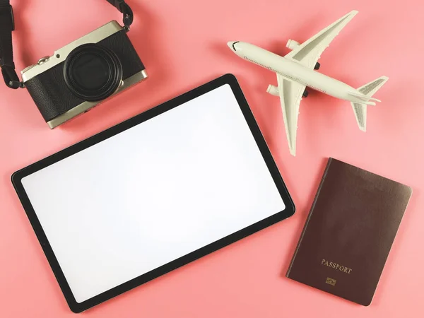 Top View Flat Lay Digital Tablet Blank White Screen Airplane — Stock Photo, Image