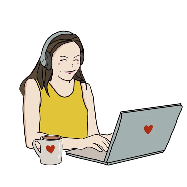 Portrait of happy woman sitting with computer laptop and a cup of coffee with read heart shape label, smiling and looking at computer screen. Drawing illustration .