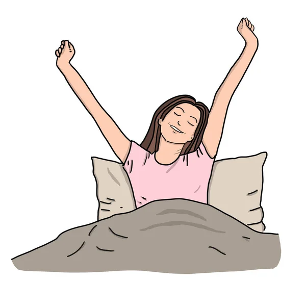 Portrait Happy Young Smiling Woman Eyes Closed Stretching Out Bed — Stock Photo, Image