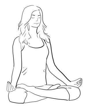 Nilüfer pozisyonunda gözleri kapalı oturan genç bir kadının portresi, yoga ya da meditasyon. çizim çizimi çizimi.
