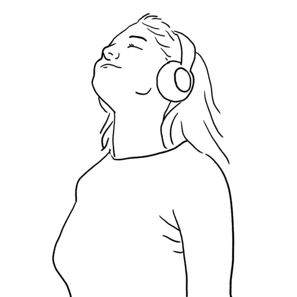 Retrato Mulher Jovem Sorrindo Com Olhos Fechados Ouvir Música Podcast — Fotografia de Stock