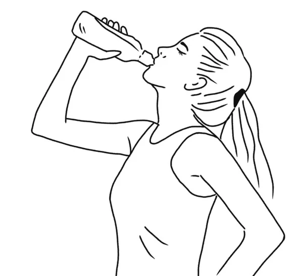 ボトルから立って水を飲んでいる若い女性の肖像画 線画図 — ストック写真