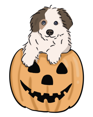 Gülen beyaz ve kahverengi köpek büyük cadılar bayramı balkabağından tırmanıyor, çizgi film karakteri çizimi