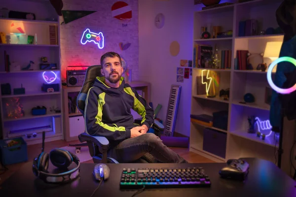 Gamer His Room Portrait Looking Camera Colorful Neon Led Lights — Stock Photo, Image