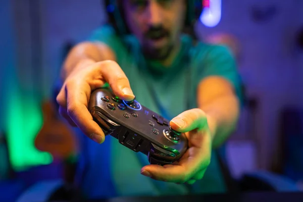 Close Modern Gamepad Gamer Plays Video Games Technological Background Screen — Stock Photo, Image