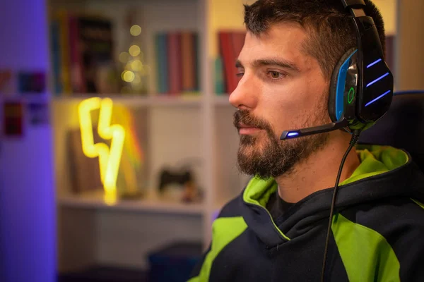 Gamer Headphones Playing Professional Online Video Game Streaming Computer His — Stock Photo, Image