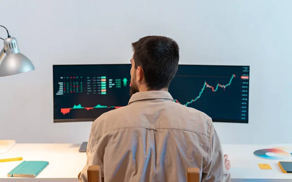 stock image Rear view of young caucasian man finance broker analyzing stock graphs while trading from home. High quality photo