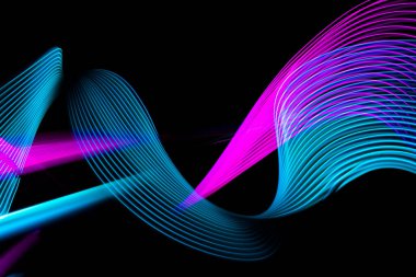 Soyut teknoloji afiş tasarımı. Siyah arkaplanda dijital neon çizgiler. Modern doku. Dalgalar akar. Kuantum patlaması. Yüksek kalite fotoğraf