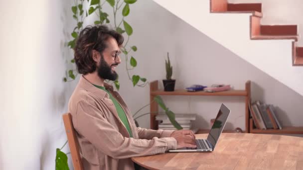 Happy Entrepreneur Working Home Laptop Stretches Puts His Arms His — Vídeo de stock