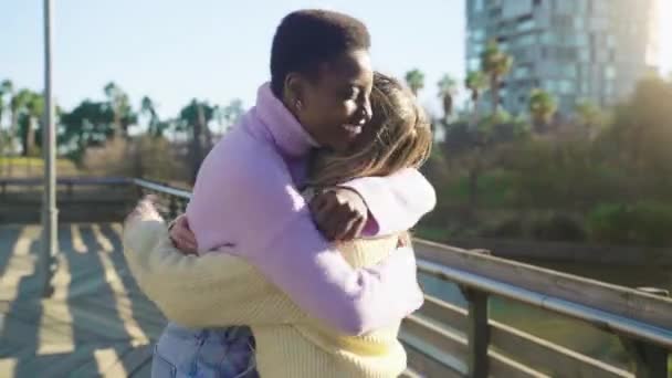 Two Girls Friends Hugging Affectionately Happy Smiling Women Having Fun — Vídeo de Stock