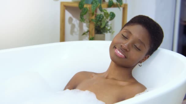 Attractive Woman Relaxing Foam Bath Beautiful Bathroom Morning Routine Calm — стоковое видео